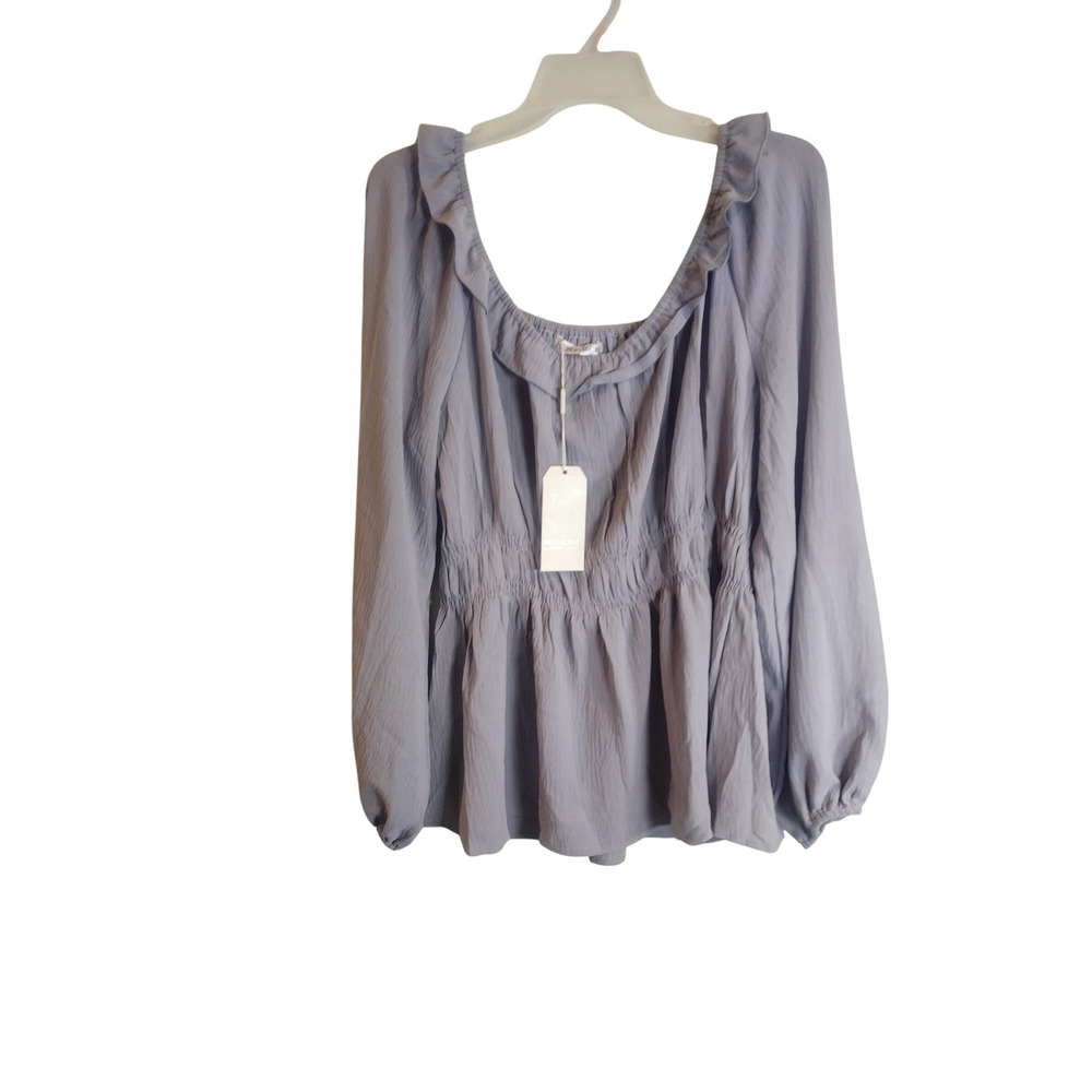 Heytalala Lavender Grey Smocked Peplum Blouse Ruffle Neck Long Sleeve XL NEW